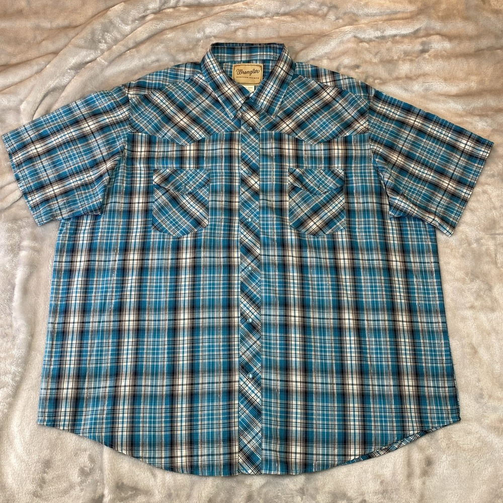 Wrangler Western Shirt Men 2XL Big Turquoise Plaid Pearl Snap Metallic WM092TQ